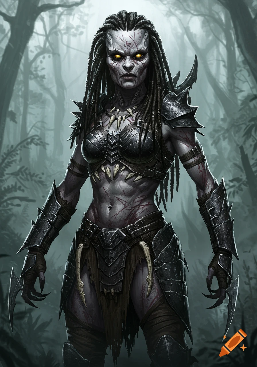 A fierce female alien huntress with grey scarred skin, glowing yellow eyes, and dreadlocks, wearing dark armor, stands in a misty forest.