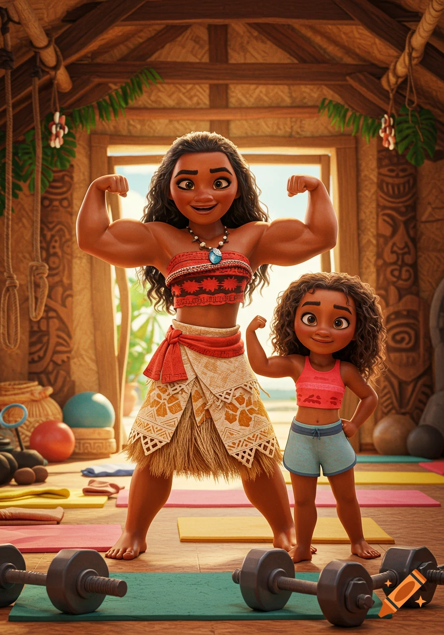 Moana and a young girl flex their muscles in a tropical gym setting, 3D cartoon style.