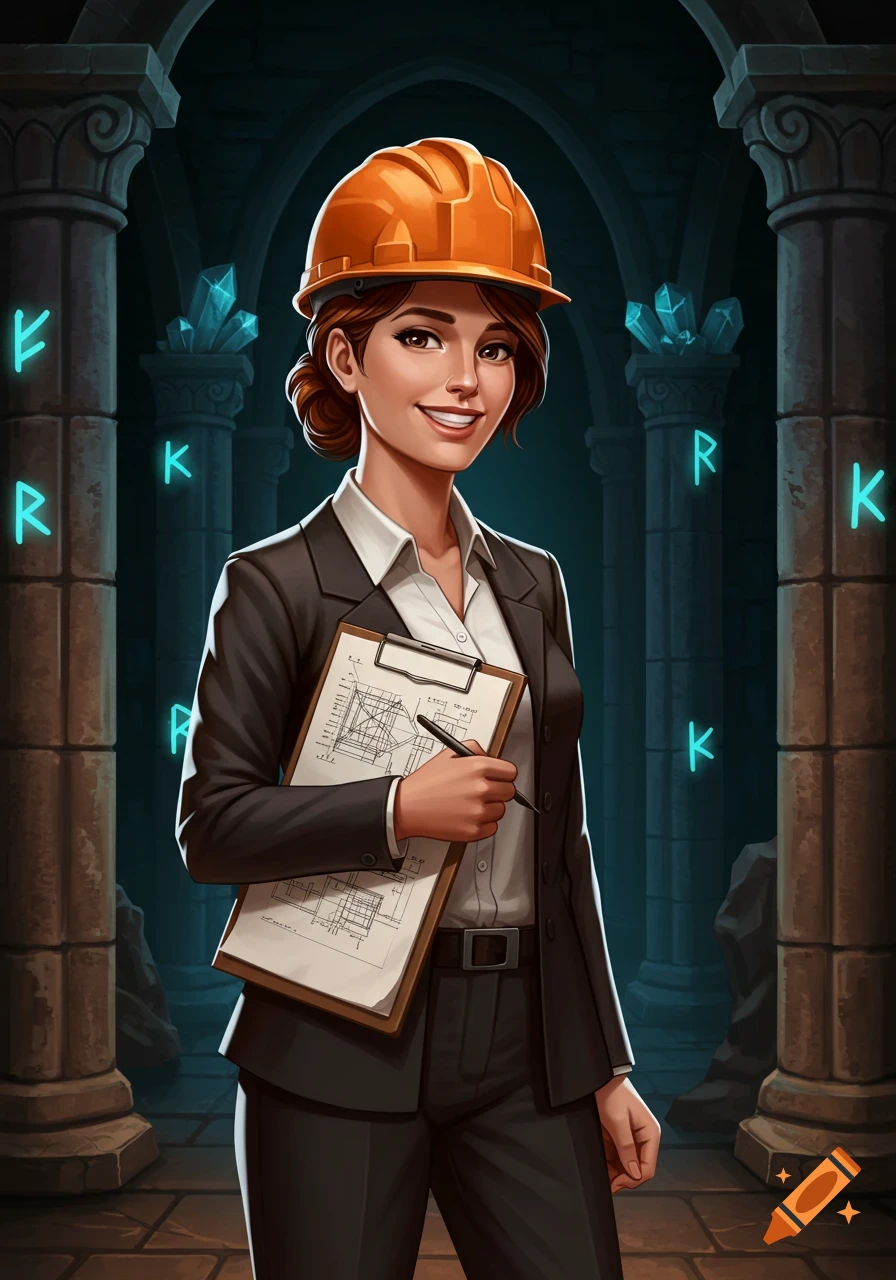 A smiling female building engineer in an orange hardhat holds a clipboard with blueprints in a dark fantasy dungeon with glowing runes.