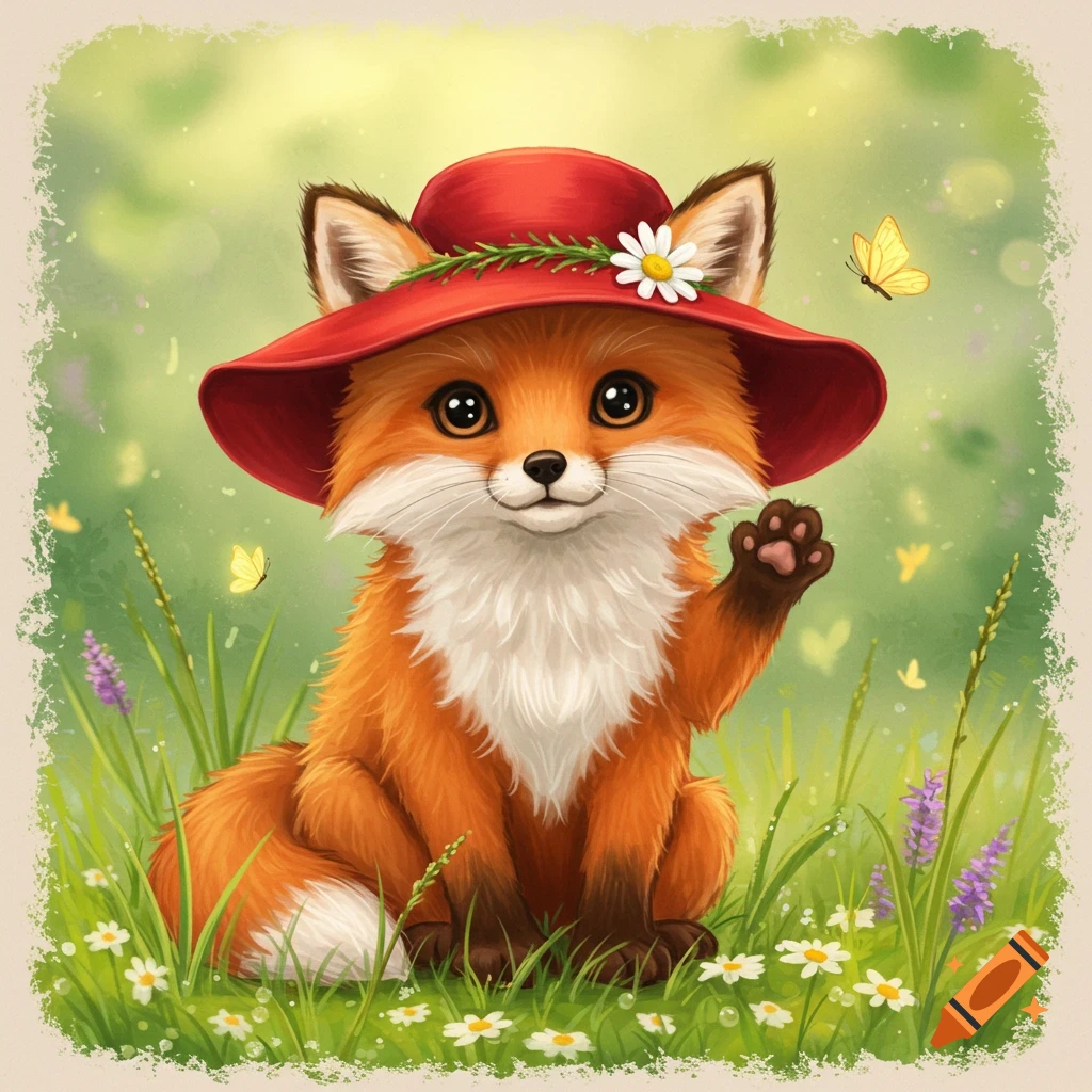A whimsical illustration of a cute, fluffy orange fox wearing a red hat with a daisy, sitting in a field of green grass and white flowers, waving its paw.