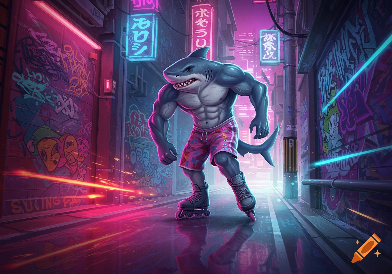 A muscular, anthropomorphic shark on rollerblades in a neon-lit, graffiti-covered cyberpunk alley.