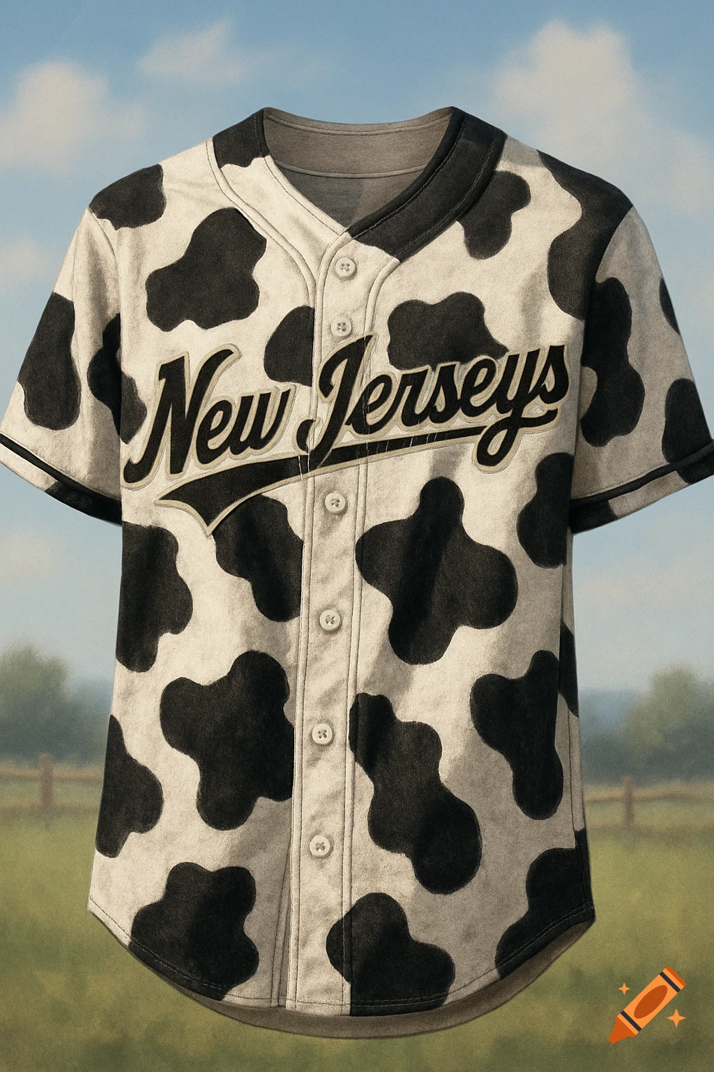 A photorealistic baseball jersey with black and white cow print, featuring 'New Jerseys' text, against a soft outdoor background.