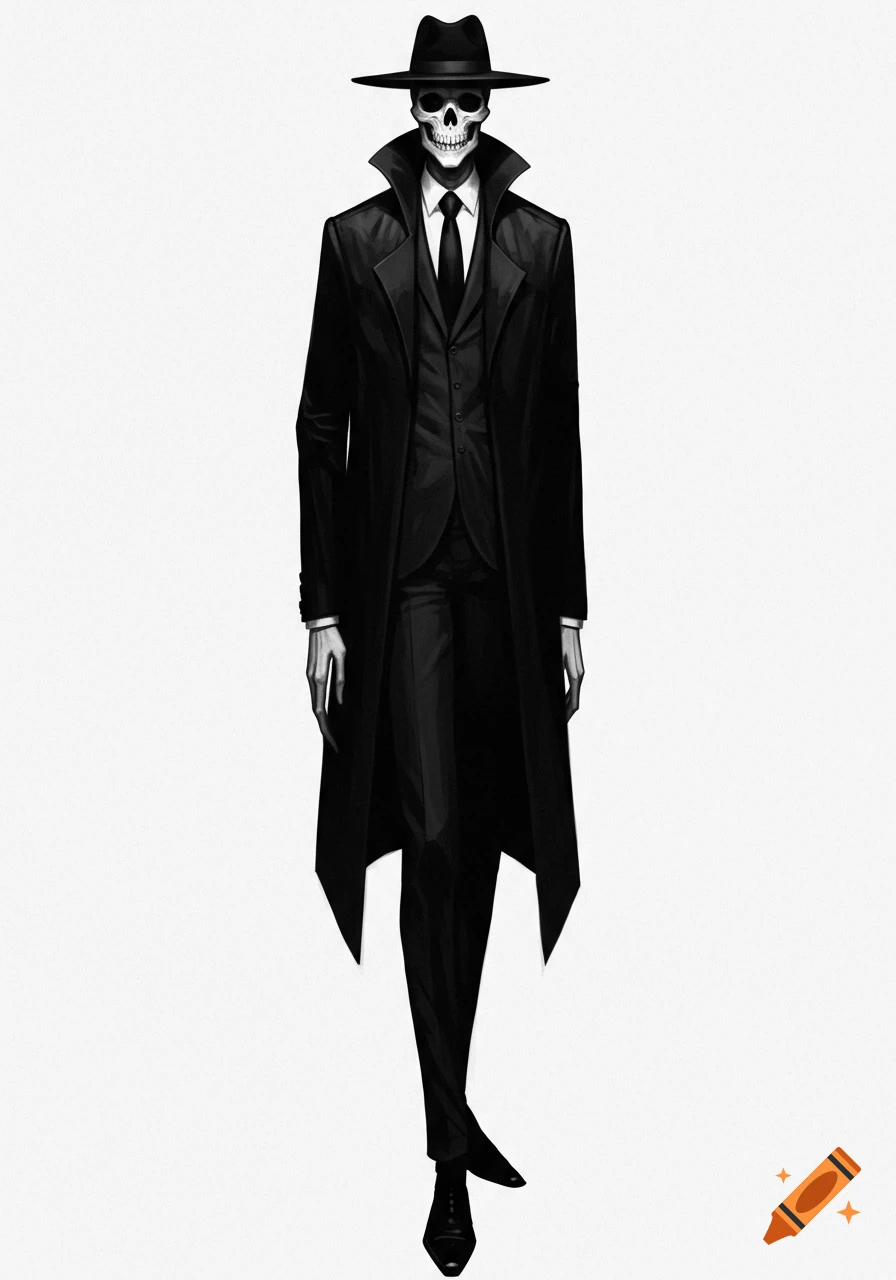 A tall, unnaturally thin figure with a skull head and long fingers wears a black suit, fedora, and overcoat in a white void.
