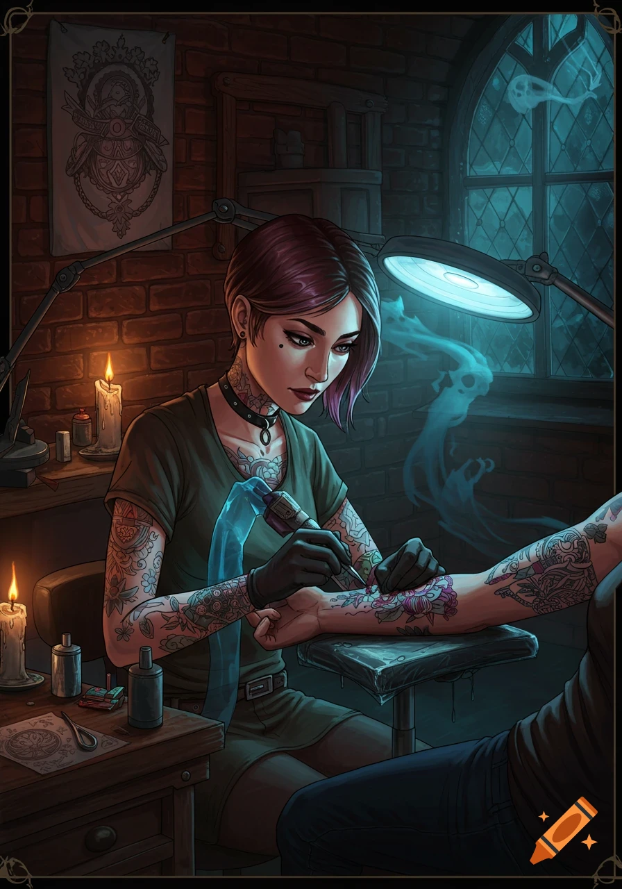 Illustration of a purple-haired tattoo artist in a dimly lit studio, tattooing a client's arm, with ghostly wisps and gothic decor.