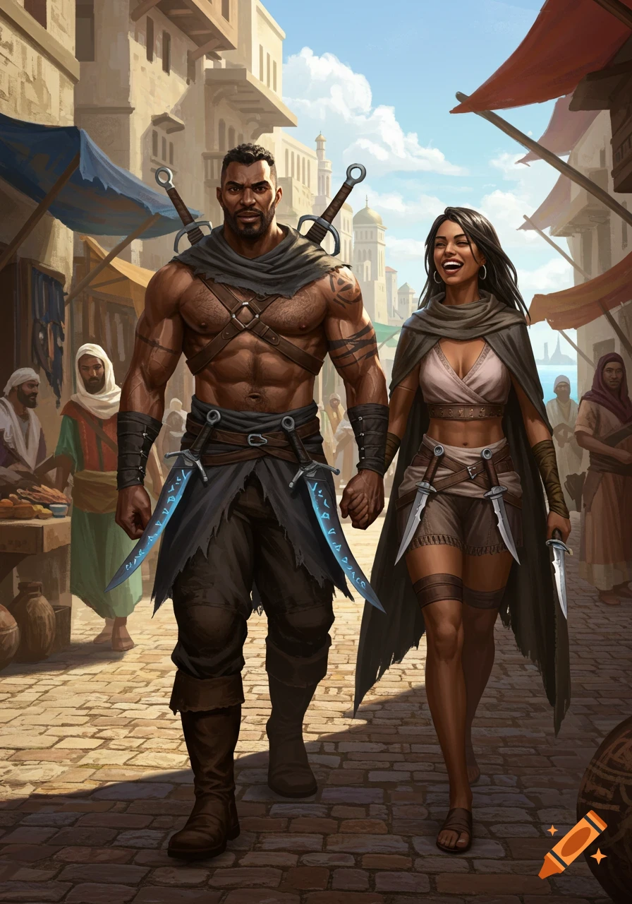 A muscular man and a smiling woman, dressed in fantasy adventurer attire with swords and daggers, walk through a bustling desert city street.