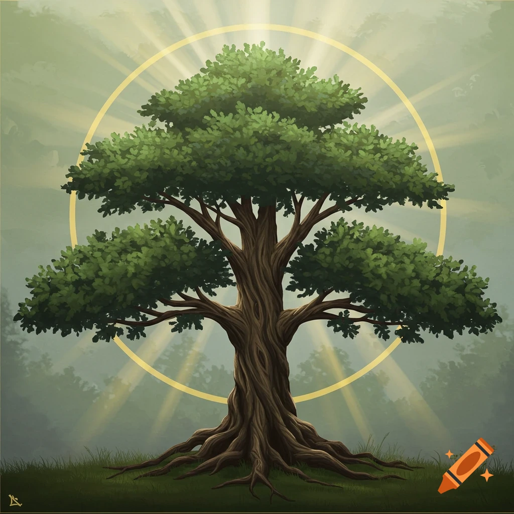 A stylized illustration of a grand oak tree with a bowed trunk and green canopy, encircled by a radiant golden halo.