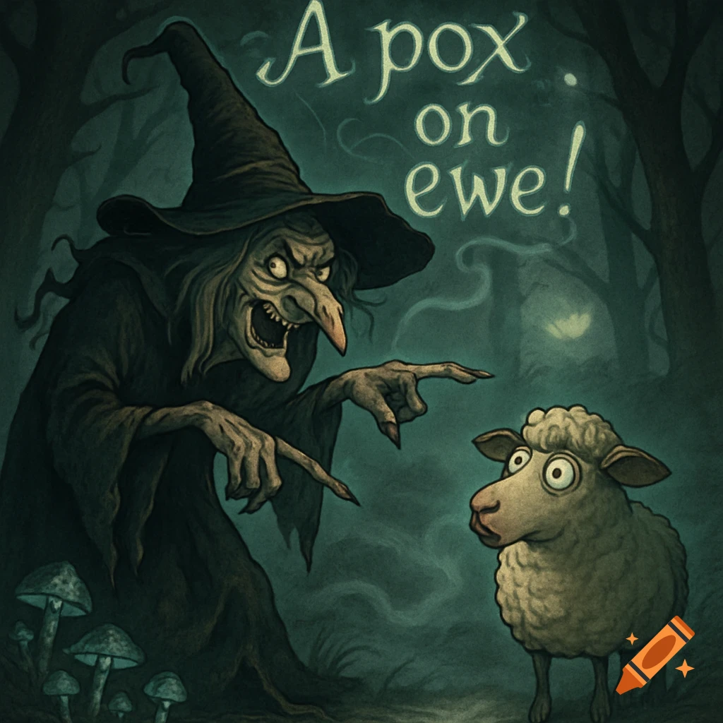Cartoon illustration of a cackling witch pointing at a startled sheep in a dark forest, with 'A pox on ewe!' text.