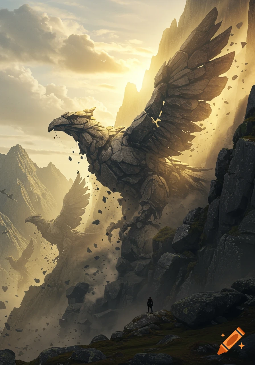 Giant stone birds, resembling gryphons, emerge from a rockslide in mountains, watched by a small figure under a dramatic, sunlit sky.