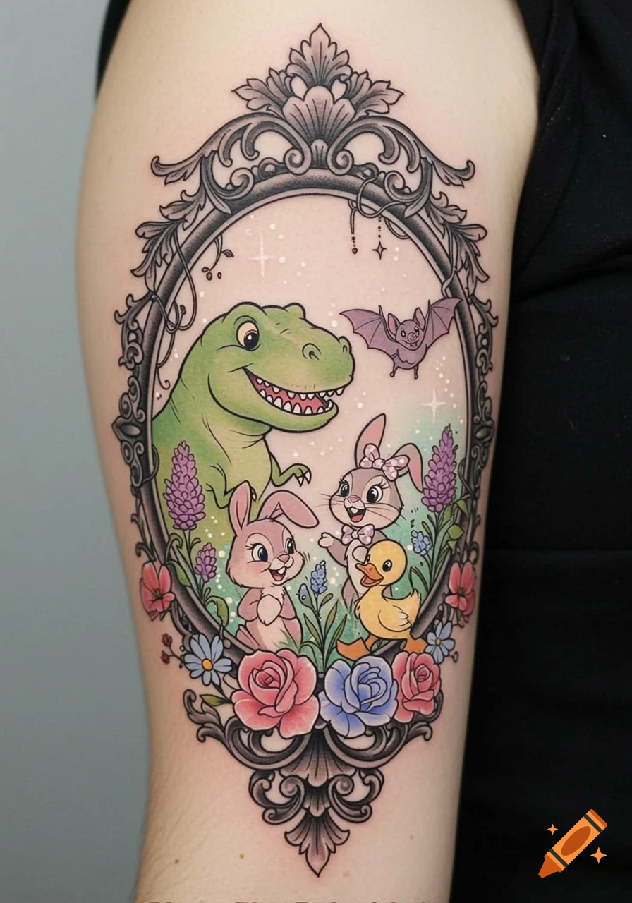 Colorful Disney-inspired tattoo on an arm, featuring a green T-Rex, two bunnies, a duckling, and a bat surrounded by flowers in an ornate gothic frame.
