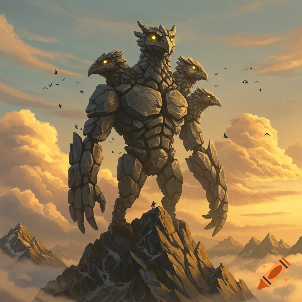 Colossal multi-headed rock creature with bird-like heads on a mountain at sunset, a tiny person stands below, fantasy art.