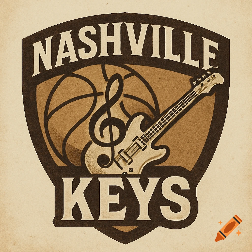 Vintage-style Nashville Keys logo inside a shield, featuring a basketball, treble clef, and electric guitar.