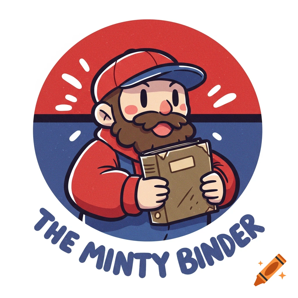 Vibrant circular logo of a bearded cartoon man in a red cap holding a binder, with 'THE MINTY BINDER' text below, in a 90s anime style.