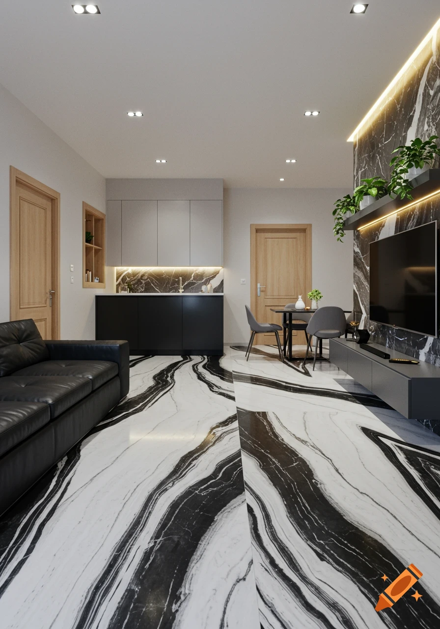 A modern open-plan living space with a striking black and white marble floor, black sofa, TV, and kitchenette.