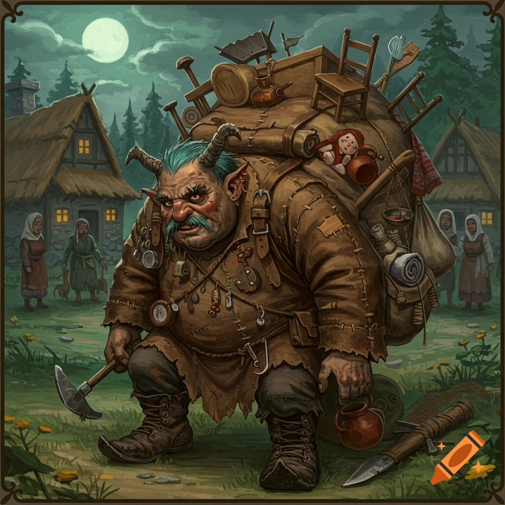 A grotesque, horned creature with a turquoise mustache and a huge backpack sits in a rural village at dusk, painting style.