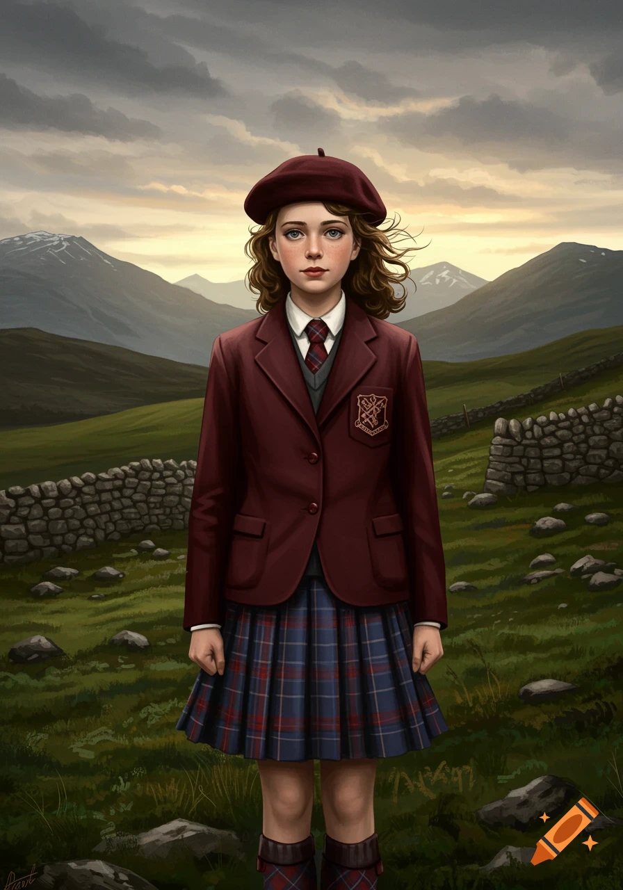 A young girl in a 1940s Scottish school uniform stands in a grassy, mountainous landscape under a cloudy sky.