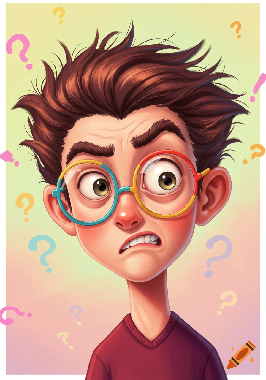 Cartoon illustration of a confused young person with brown hair and colorful round glasses, surrounded by question marks.