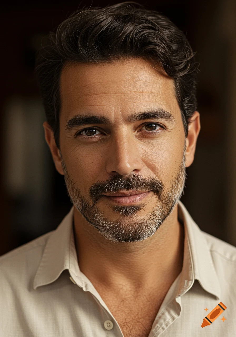 A photorealistic portrait of a confident man with dark hair, light stubble, olive skin, and a faint smile, wearing a casual shirt.