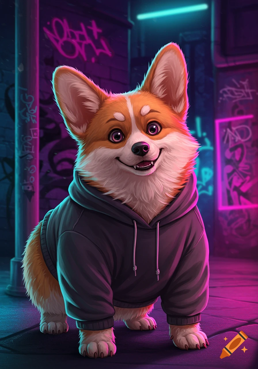 A fluffy corgi in a black hoodie stands in a neon-lit urban alley with graffiti, depicted in a digital art style.