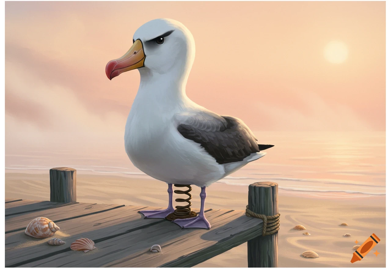 Cartoon albatross with a spring for legs stands on a wooden dock at a beach during a sunset, with seashells.