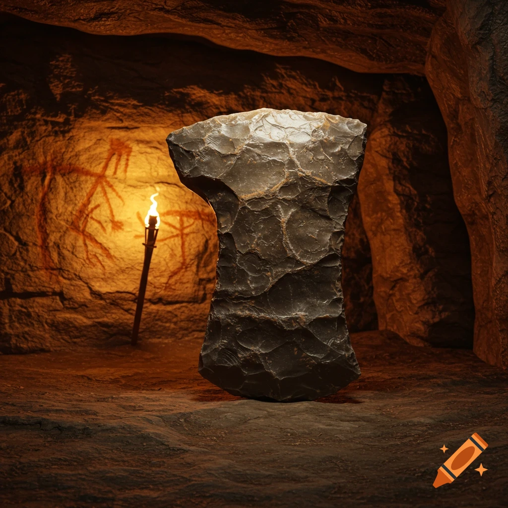 A large, rough stone hand axe stands in a dark cave, illuminated by a torch, with red cave paintings on the wall.