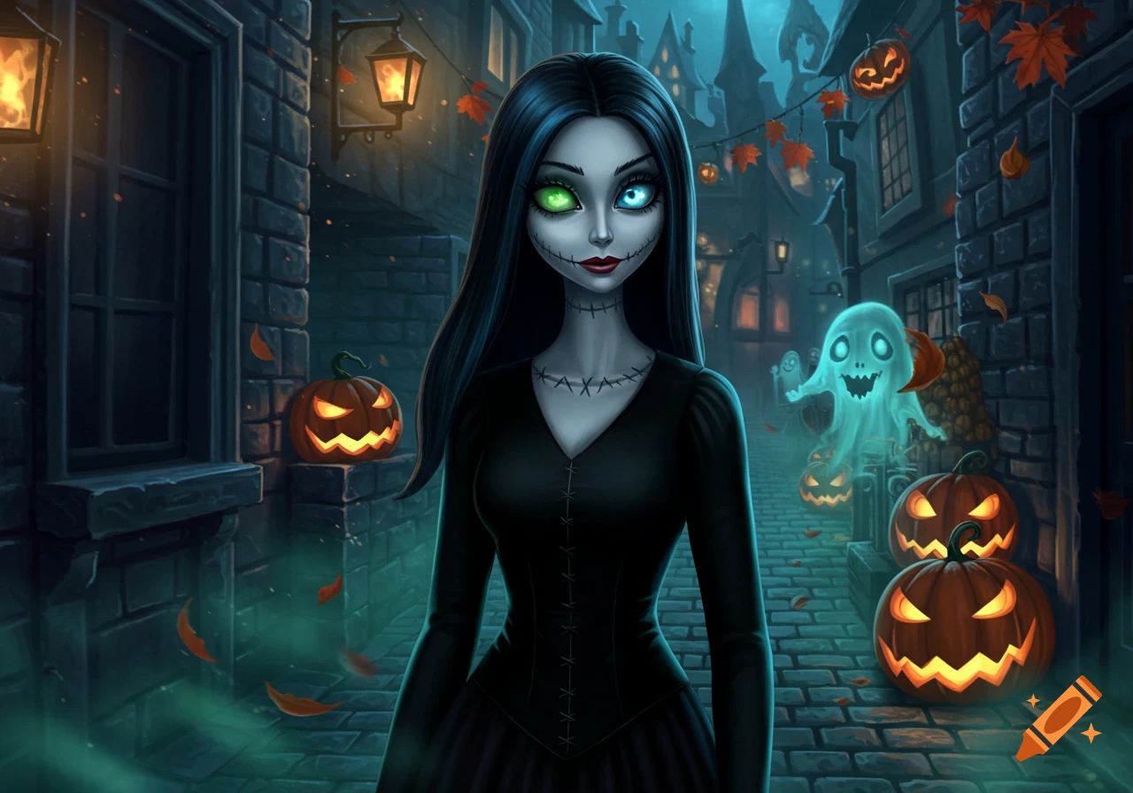 Stylized illustration of a gothic character with long black hair, mismatched green and blue eyes, and stitches on her face and neck, wearing a black dress. She stands on a spooky cobblestone street with glowing jack-o'-lanterns and a whimsical ghost floating in the background.