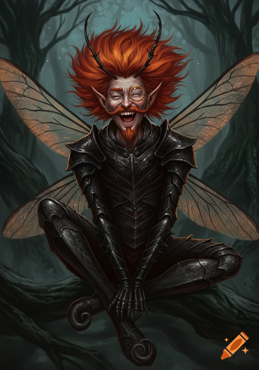 A dark fantasy elder male pixie with wild orange hair, insect wings, black chitin armor, and a monocle, laughing mischievously in a forest.