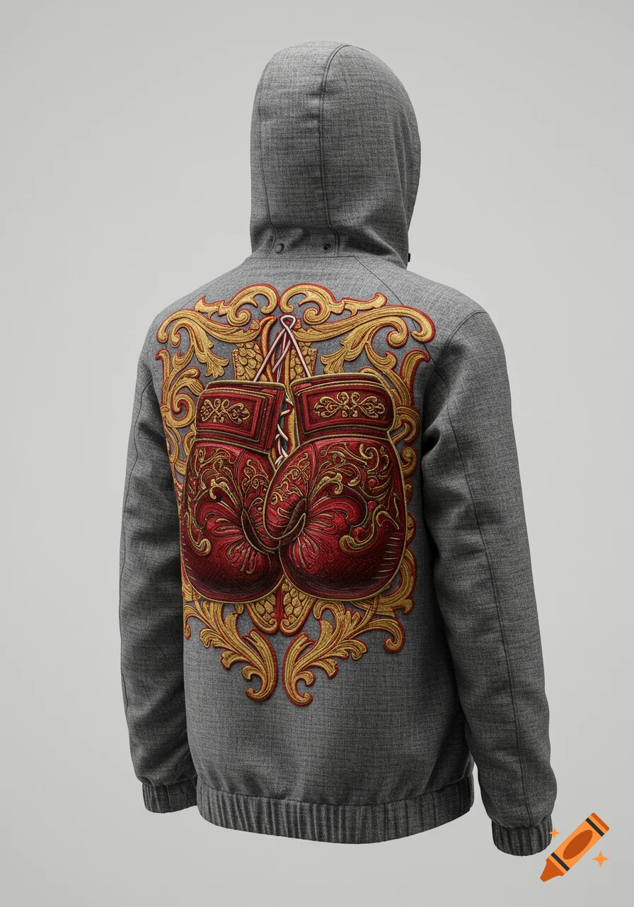 Rear view of a grey hooded jacket featuring elaborate red and gold embroidered boxing gloves and ornate scrollwork on the back.