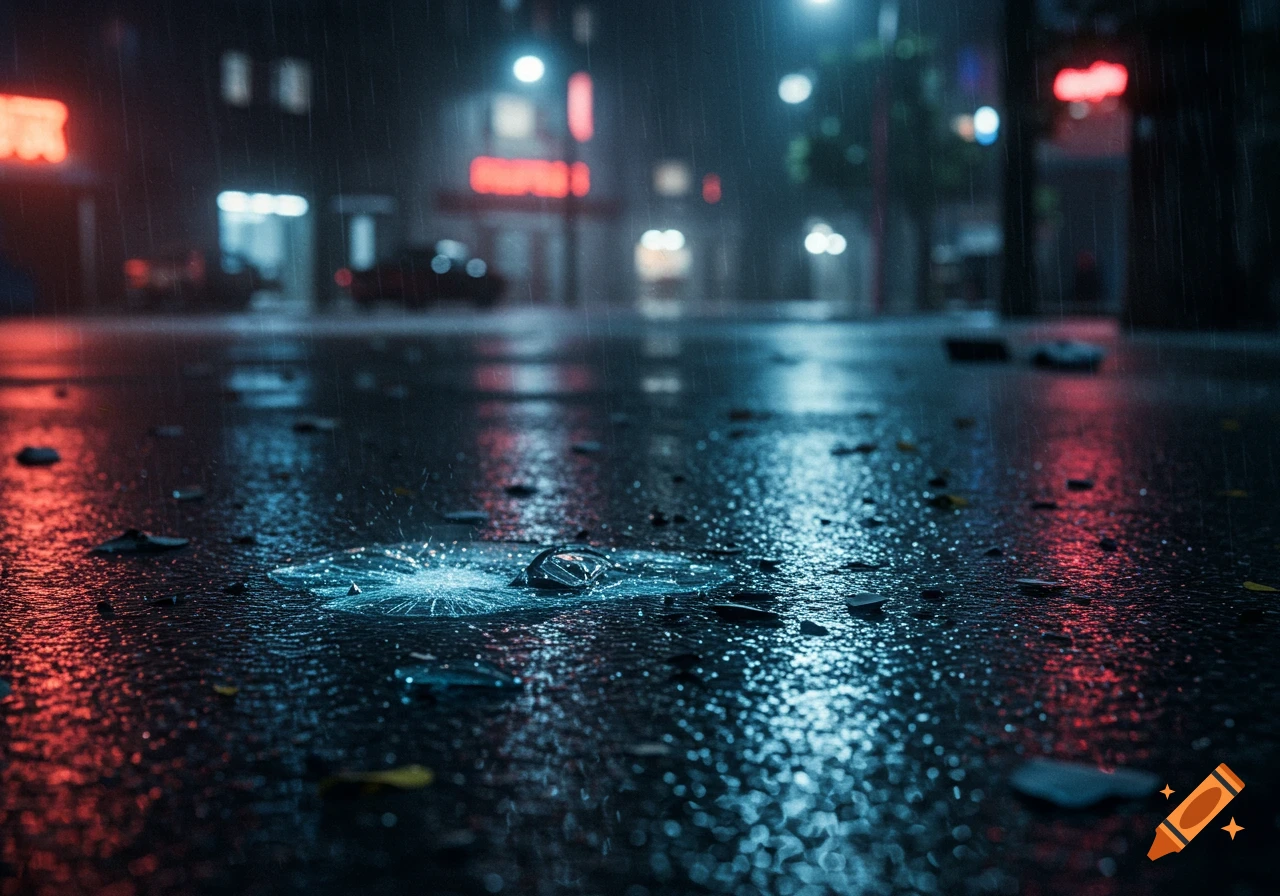 Wet city street at night, reflecting neon lights in red and blue, with rain splashing on the asphalt and small debris.
