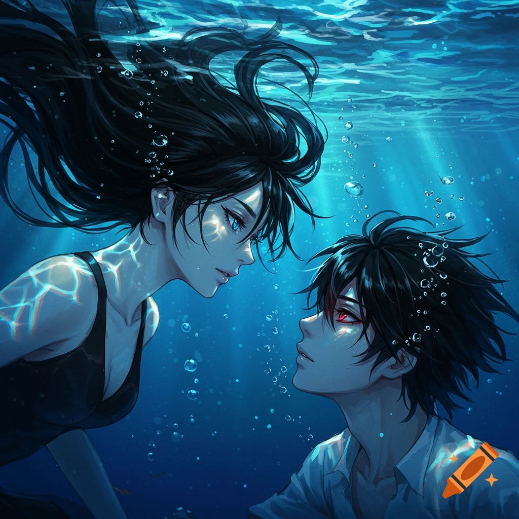 A black-haired girl and boy with red eyes gaze at each other underwater, surrounded by bubbles in an anime style.