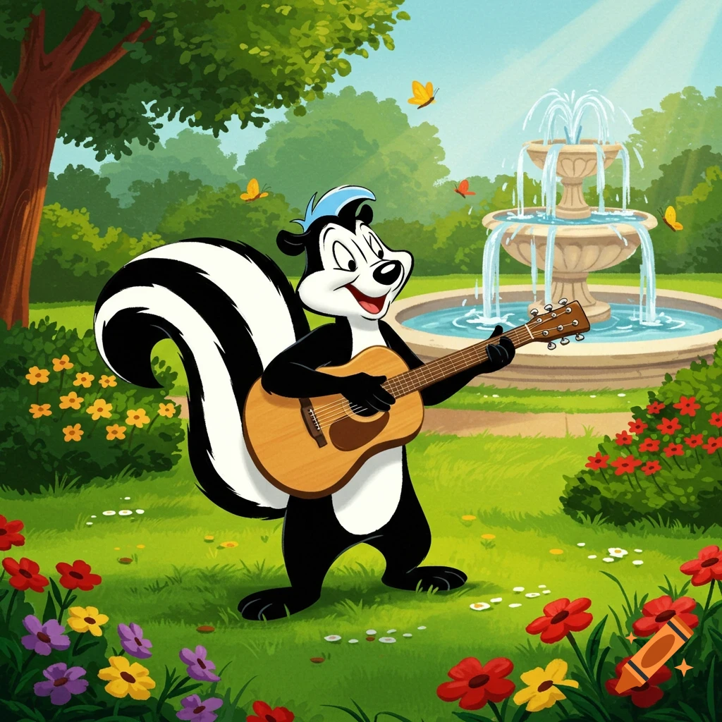 A cartoon skunk character, Pepe Le Pew, plays an acoustic guitar in a sunny park with a fountain and flowers.