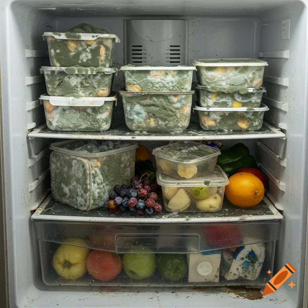 A close-up, photorealistic view inside a dirty refrigerator filled with plastic containers of excessively moldy, rotting food.
