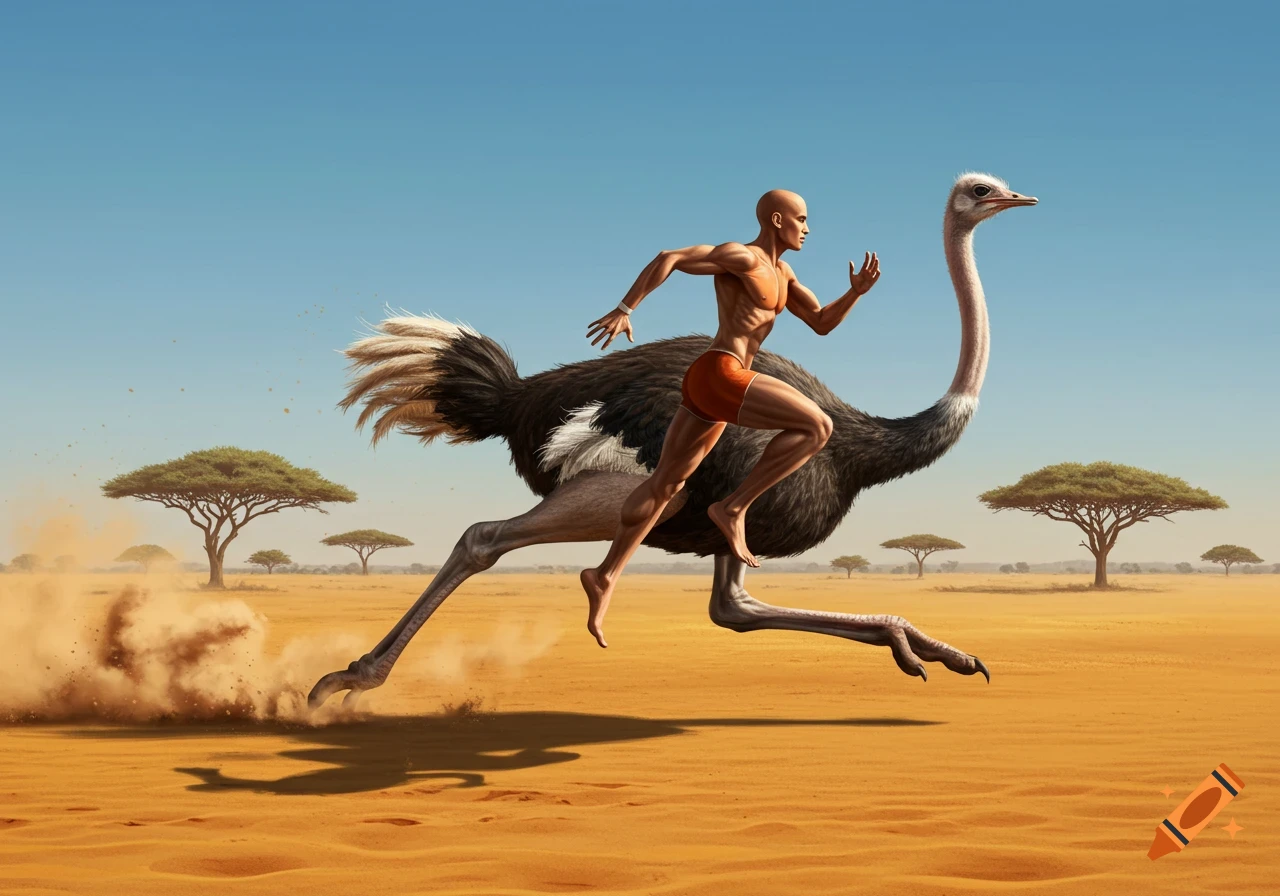A bald, muscular man in orange shorts runs in a desert, in perfect stride with an ostrich next to him. Acacia trees dot the sandy landscape under a clear blue sky.
