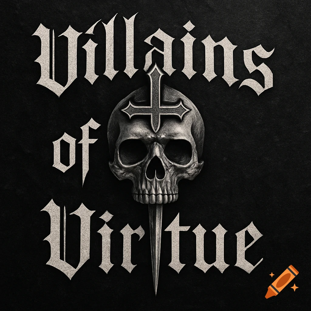 Stylized gothic art with text 'Villains of Virtue' above and below a skull pierced by an inverted cross.