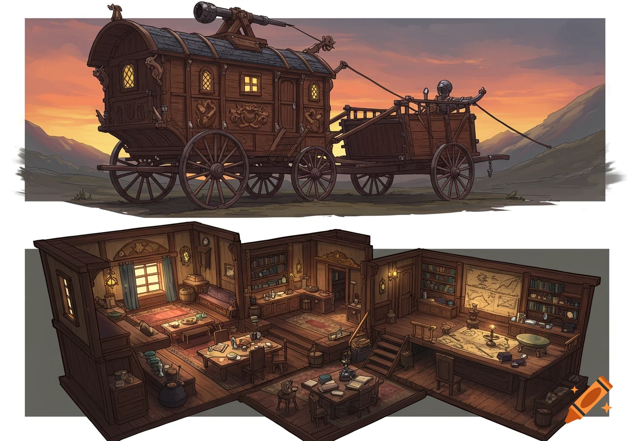 Illustrative fantasy art of a detailed, multi-horse drawn wagon exterior at sunset, and a cutaway view of its interior featuring living, library, and kitchen areas.