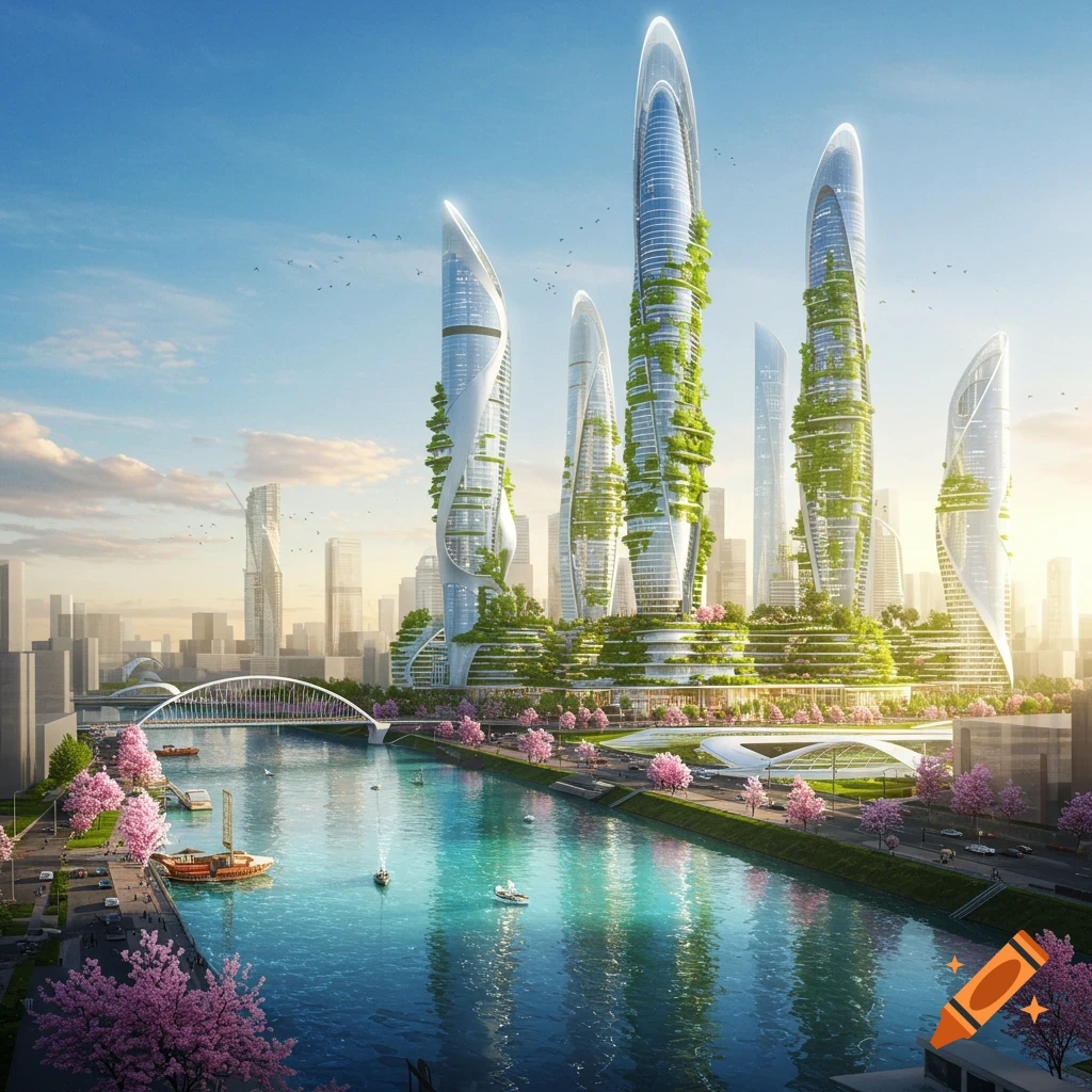 Photorealistic view of a futuristic city with towering green skyscrapers, a river with boats, and cherry blossom trees lining the banks.
