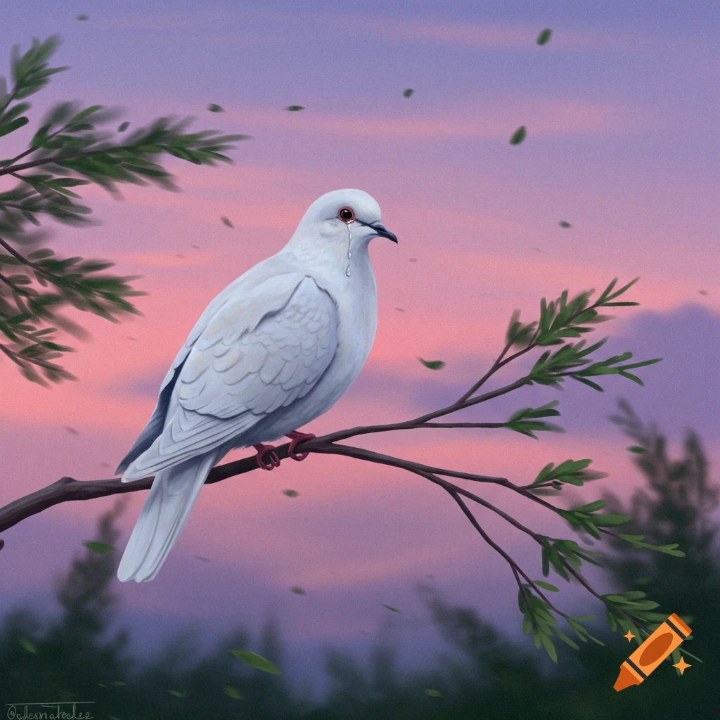An illustration of a white dove crying on a tree branch against a pink and purple sunset with falling leaves.