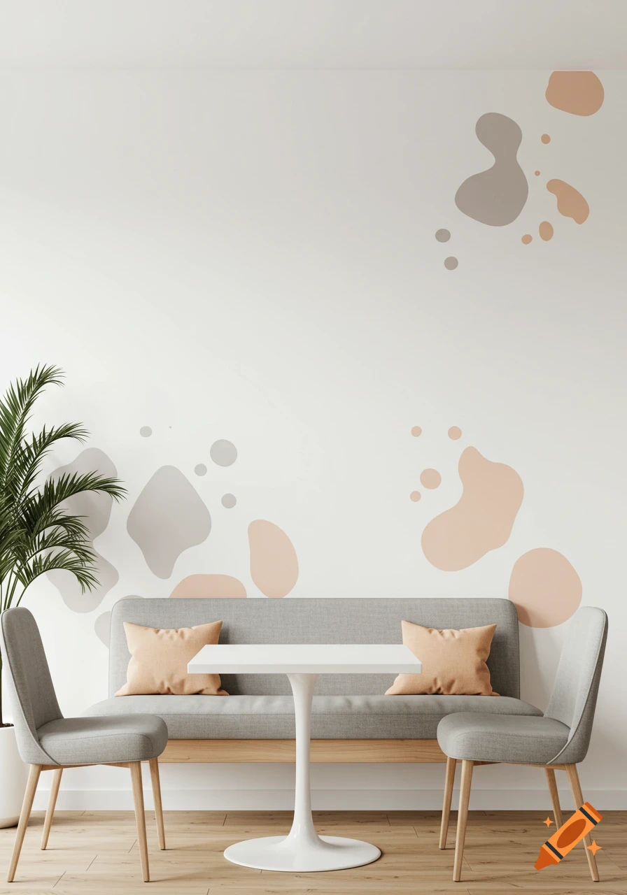 Minimalist cafe interior with a grey bench, chairs, white table, a plant, and abstract peach and grey blobs on a white wall.