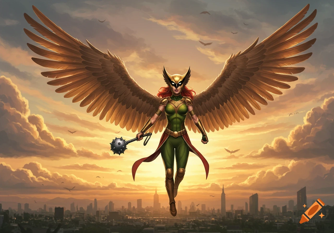 Hawkgirl, a superhero with huge golden wings, flies above a city skyline at sunset, holding a mace.