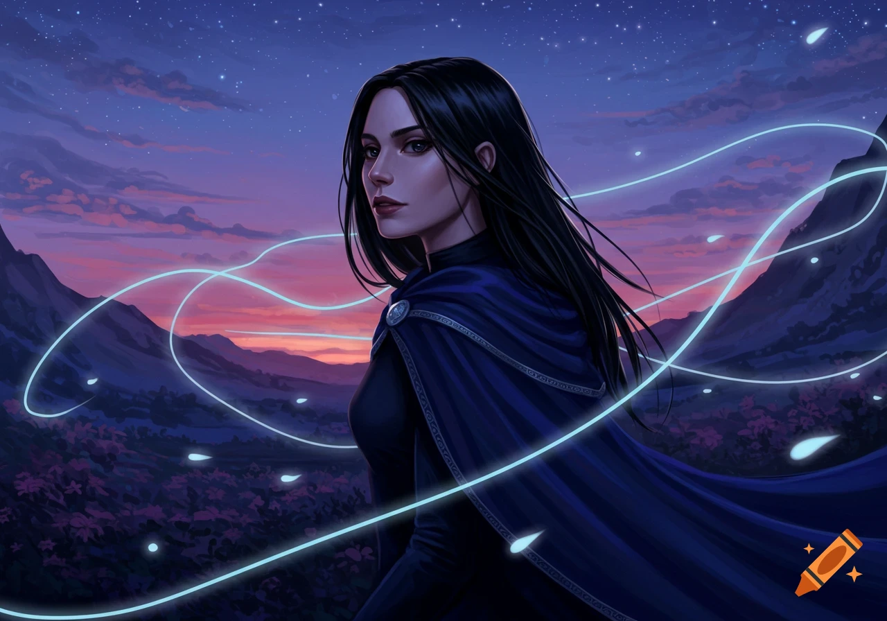A dark-haired woman in a blue cloak looks over her shoulder at a sunset mountain landscape with glowing blue lines.