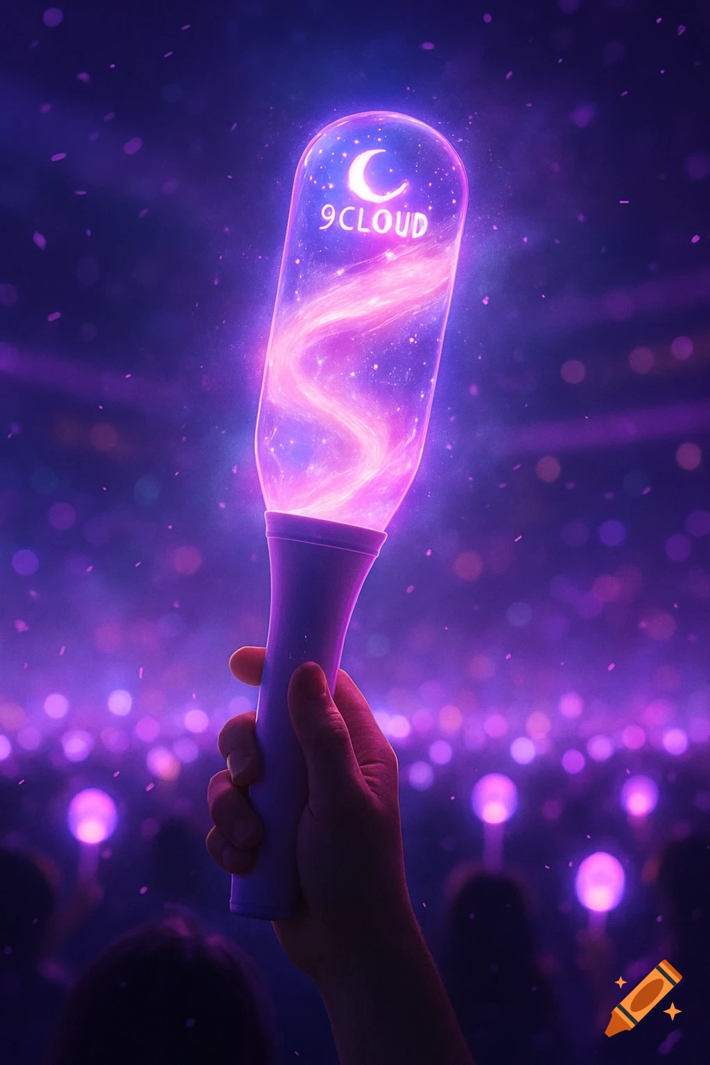 Hand holding a glowing purple Kpop lightstick with a moon and "9CLOUD" at a concert, surrounded by blurred purple lights.