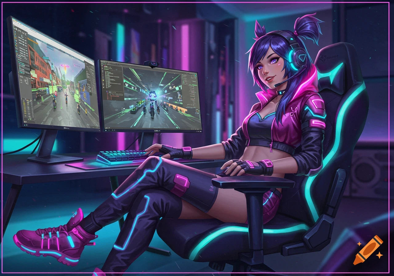 Anime girl gaming with headphones at a desk with two monitors and a neon-lit gaming chair, cyberpunk aesthetic.