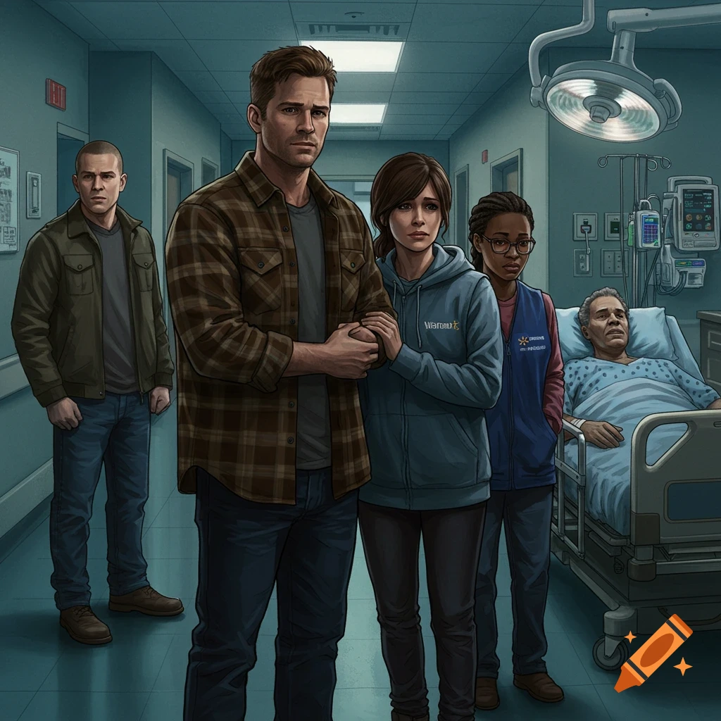 Concerned people stand in a dimly lit hospital hallway, gathered near a patient in a bed.