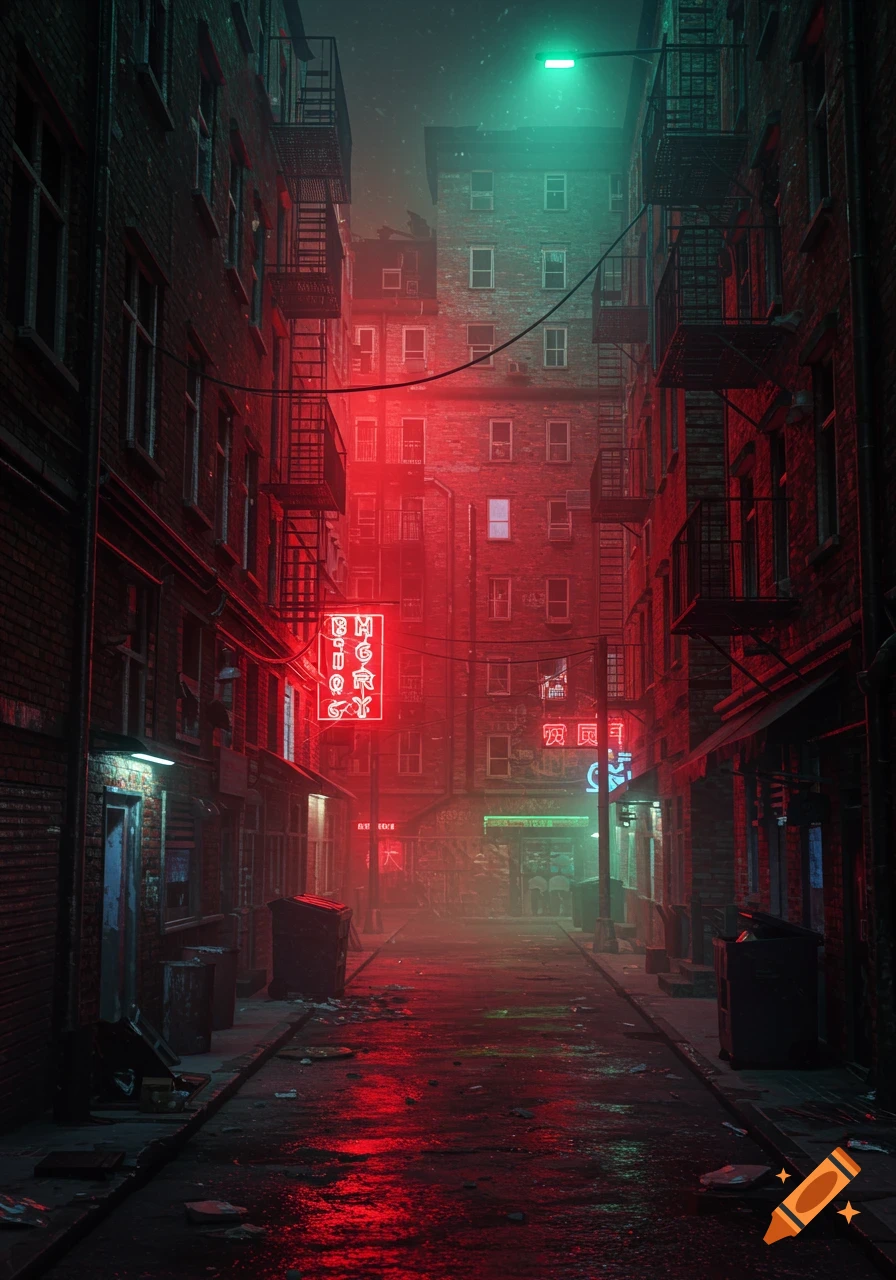 Dark, rainy city alley with red and green neon lights illuminating brick buildings and fire escapes, creating a cyberpunk atmosphere.