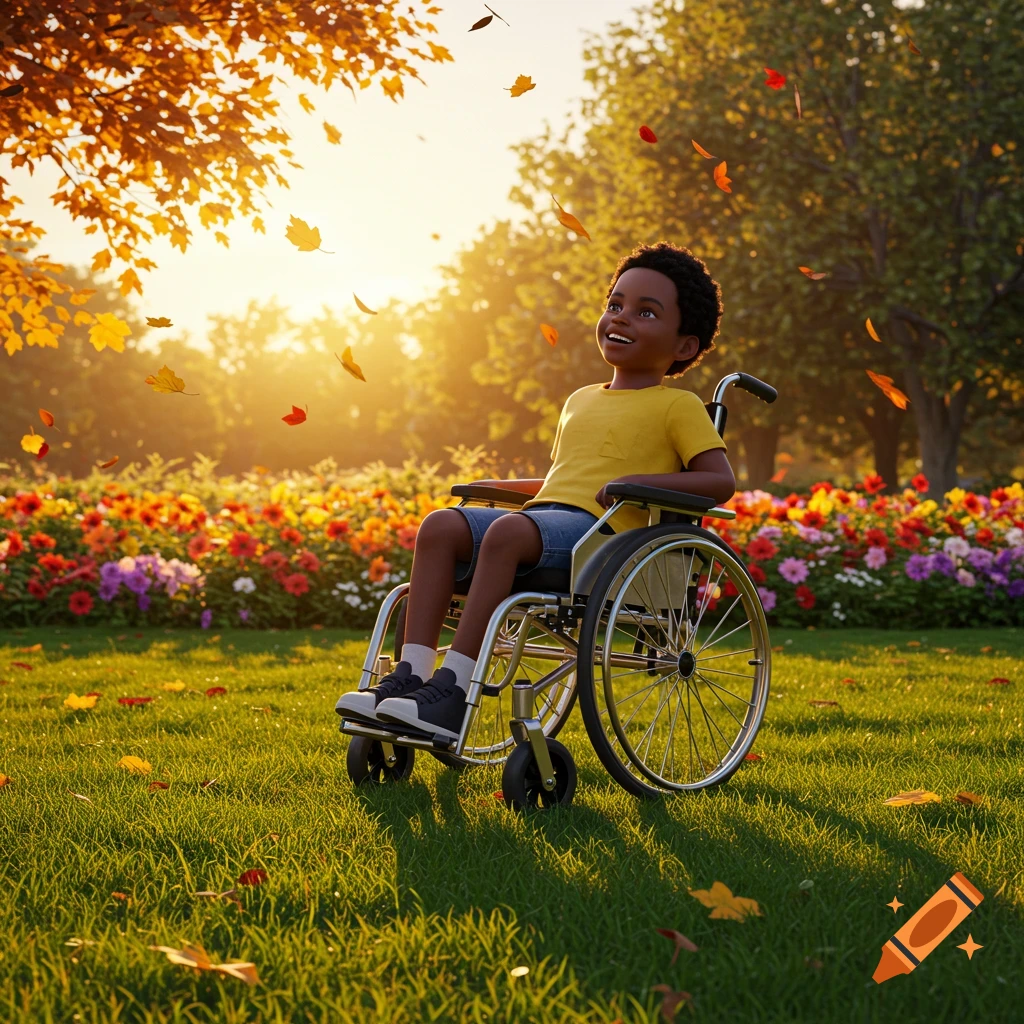A happy young Black boy in a wheelchair in a bright autumn park with falling leaves and colorful flowers.