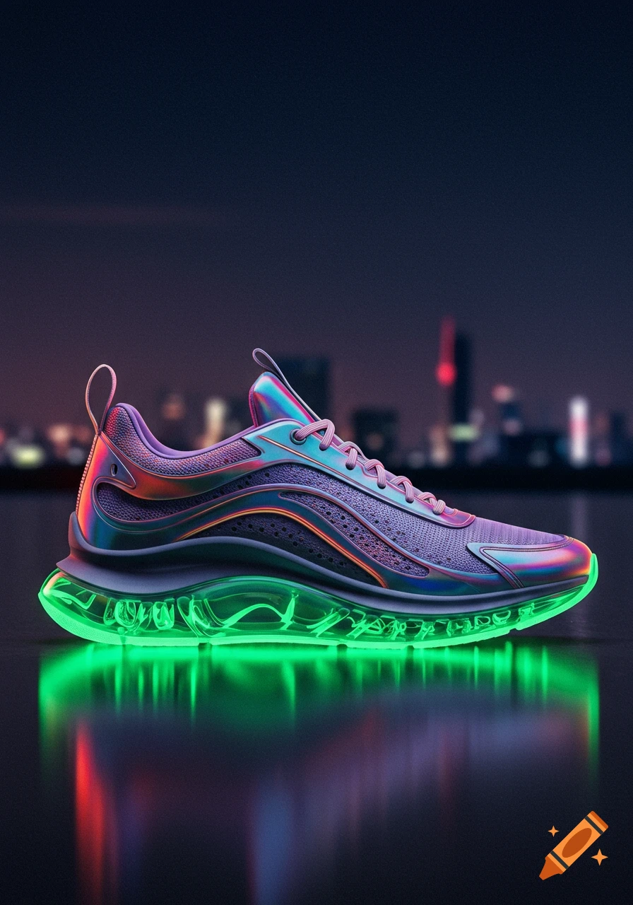 A futuristic sneaker with an iridescent upper and a glowing green sole, reflecting on a dark surface with a blurred city skyline.