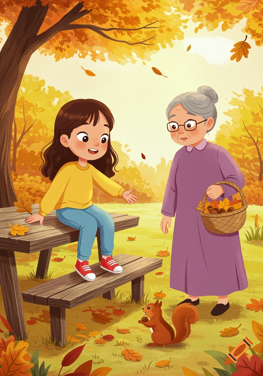 A cartoon scene of a young girl and her grandma in an autumn park, with a squirrel. The girl sits on a picnic table, and the grandma holds a basket of leaves.