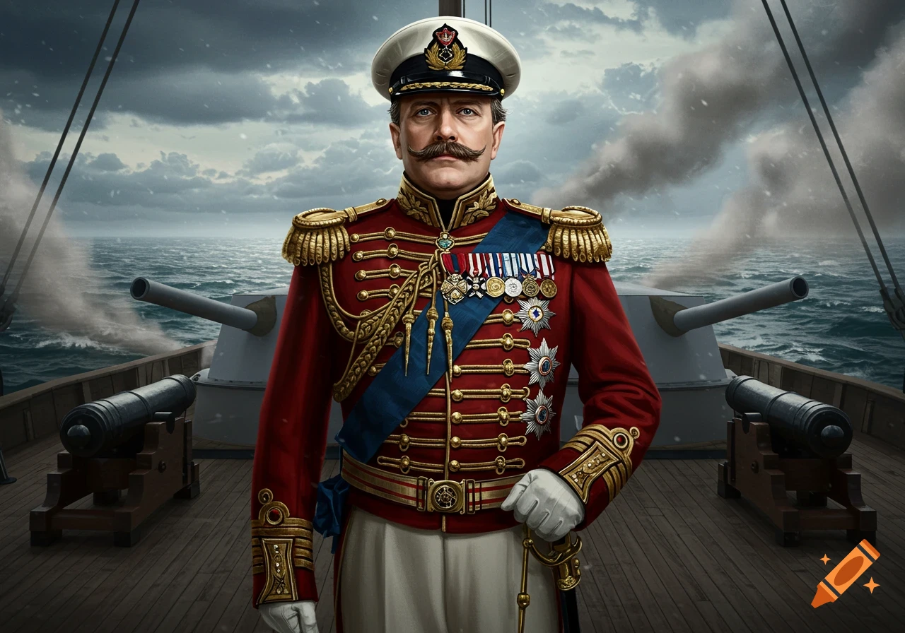 Photorealistic portrait of a man in a red and gold military uniform with medals, standing on a ship deck with cannons, stormy sea background.