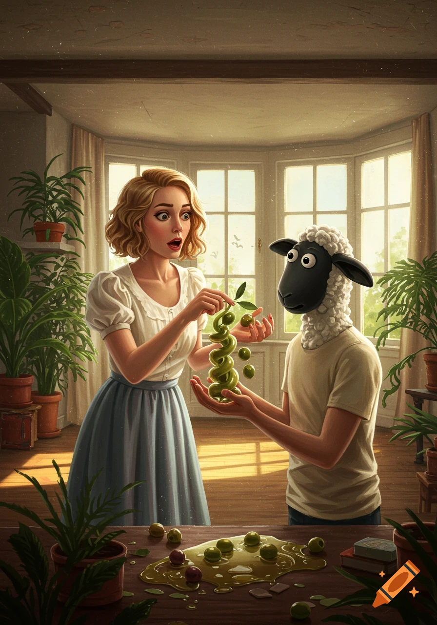 A surprised woman holds a spiraled green plant with olives, offering it to a person with a Shaun the Sheep head in a sunlit room filled with plants.