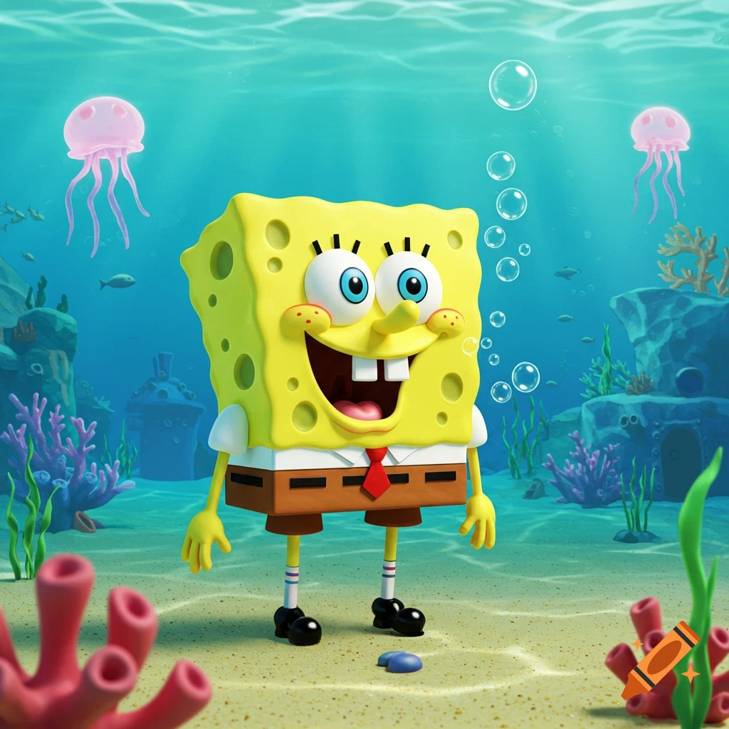 A 3D render of a smiling SpongeBob SquarePants standing on the ocean floor, surrounded by coral and jellyfish, with bubbles floating up.