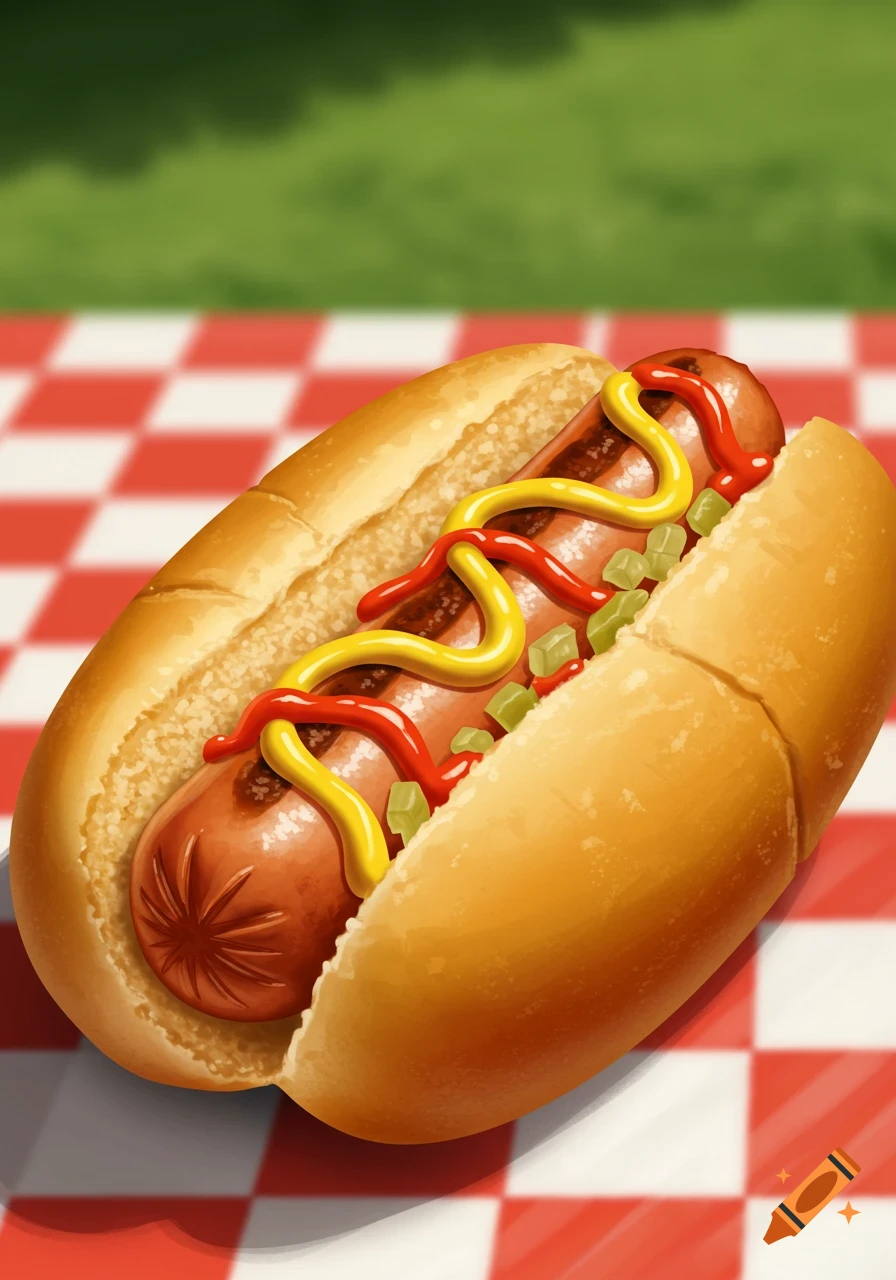 An illustrated hotdog with mustard, ketchup, and relish on a red and white checkered picnic blanket with grass in the background.